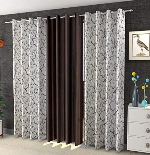Kiara Creations Premium Floral Blossom (2 Printed + 1 Plain) Curtains for Long Door- 8 Feet (Pack of 3) Brown