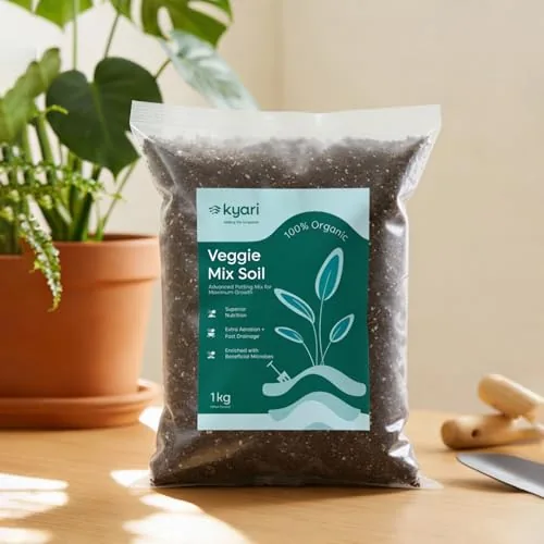 Kyari Veggie Mix 100% Organic Fertilizer Soil for Vegetables - Advanced Potting Mix with Superior Nutrition, Extra Aeration and Fast Drainage - Enriched with Beneficial Microbes - 1kg Pack