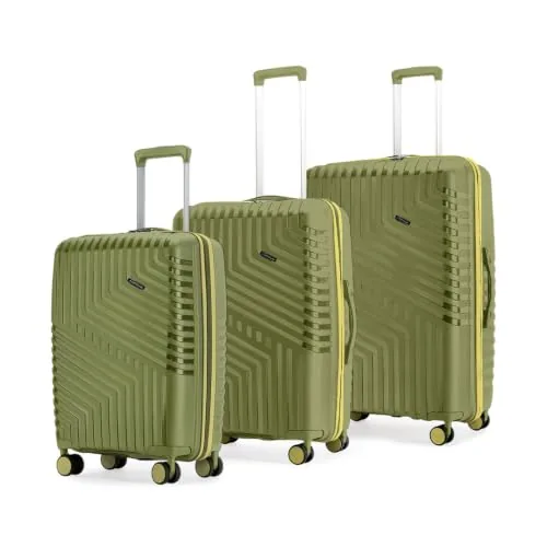 LAttitude By Provogue Core Set of 3 Trolley Bags Cabin + Medium + Large Polypropylene Hard Suitcase, 8 Spinner Wheels, Recessed Number Lock, Luggage for Men & Women Moss Green/Lunar Yellow