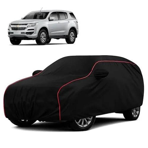 Sulfar 100% Water Resistant Car Body Cover Compatible with Mirror for Chevrolet Trailblazer (Triple Stitched, Full Bottom Elastic, Black with Red Piping)