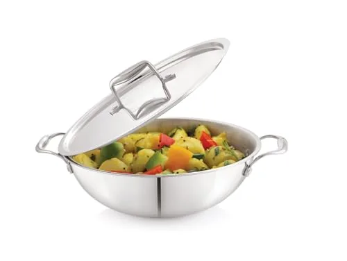 MODWARE Tri Ply Stainless Steel Kadhai with Lid, Heavy Gauge, Non-Stick, Induction Bottom, 20 CM