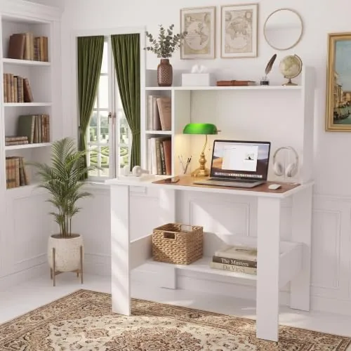 Andca Elevate Study Table with Bookshelf Hutch - Modern Wooden Computer Desk with Top & Bottom Storage | Premium Engineered Wood, Oak Brown (90 x 50 x 120 cm)