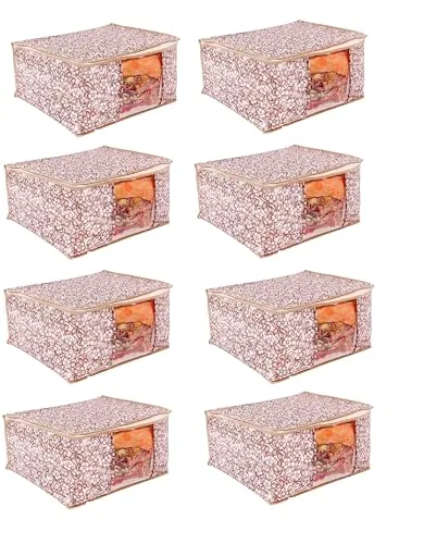 Bindian Multipurpose Saree Cover for Wardrobe Storage | Premium Non-Woven Fabric Cloth Organizer Box with Transparent Window & Zipper | Ideal for Storing Sarees & More (Beige Flower, Pack of 8)
