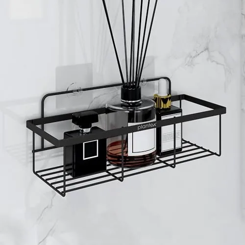 Plantex Shelf for Bathroom/GI Steel Shelf with Minor Surface Marks from Transit, Fully Quality Checked/Self Adhesive Bathroom Organiser (Black, Powder Coated)