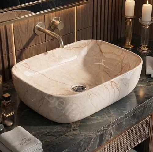 BATHBELLA Designer Ceramic Wash Basin For Bathroom | Over Counter Bathroom Basin | Counter Top Bathroom Sink | Wash Basin For Restaurant, Hotel (18 x13 x 5 Inch) (Beige Maroon Wine)