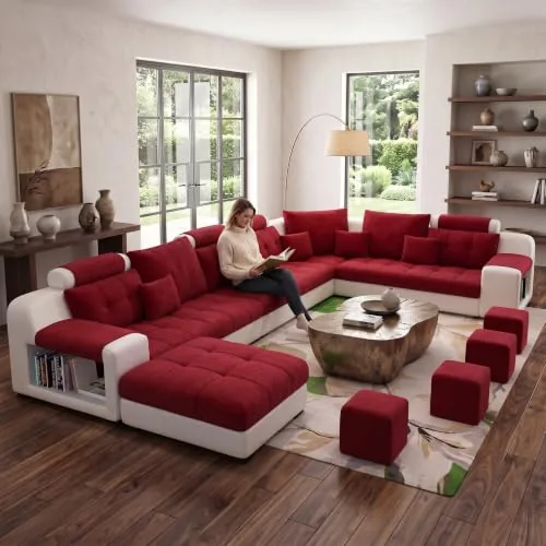 Torque Callister 12 Seater Sofa Set for Living Room (Red) | Interchangeable U Shape Sectional Sofa | Solid Wood Frame & High-Density Supersoft Foam | Includes Puffy & Stool | Modern Home Furniture