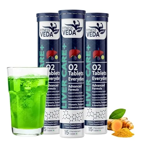 Fitness Veda Liver Detox Effervescent- Pack of 3 (15x3) | Fatty Liver Health Supplement | Milk Thistle With American Ginseng | Drop, Dissolve, Fizz & Drink | Advanced Ayurvedic Formula for Liver Health – 15 Tablets Each