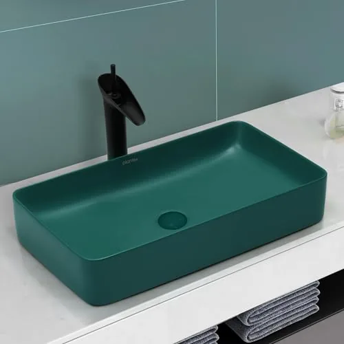 Plantex Ceramic Basin/Tabletop Wash Basin for Bathroom/Rectangle Over Counter Vessel Sink for Restaurant/Hotel (Matt Green, 24 x 14 x 4.5 Inch)