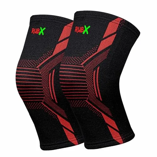 RUBX Active Knee Cap Support for Men & Women | Pain Relief Knee Brace | Anti-Sweat & Comfortable | Compression Knee Supporter for Joint Support, Sports, Gym & Injury Recovery (1 Pair) Red. Large