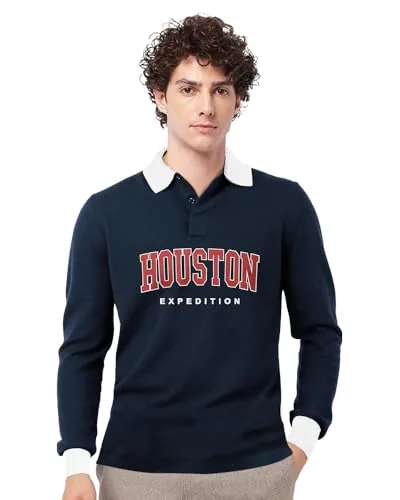 EYEBOGLER Mens Regular Polo Neck Full Sleeves Typographic Tshirt Navy Blue White