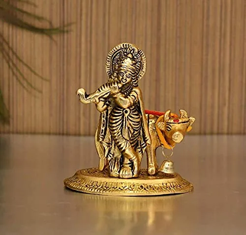 TIED RIBBONS Metal Krishna Idol with Kamdhenu Cow Statue (Small, 9 cm x 7 cm) Decorative Murti Showpiece for Pooja Room Showcase Table Home Decoration Birthday Housewarming Gift Items