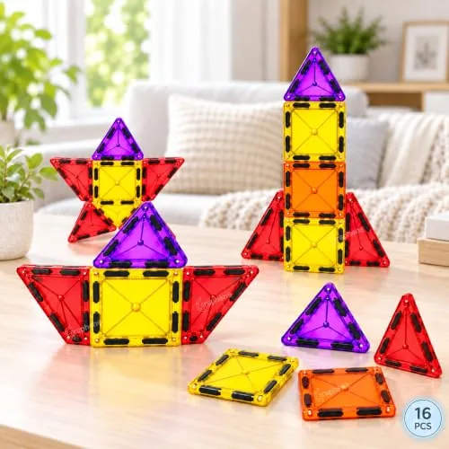 GRAPHENE Magnetic Tiles Building Blocks for Kids 3+ Years 16 Pcs 3D Construction Set STEM Educational Montessori Learning Toy Creative Preschool Brain Activities Birthday Gift Boys Girls