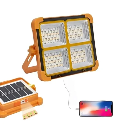 Solar Rechargeable LED Flood Light, Portable Camping Work Light with Solar Panel & USB Charging, 5 Lighting Modes, Adjustable Stand , Fishing, Hiking, Hurricane & Power Cut