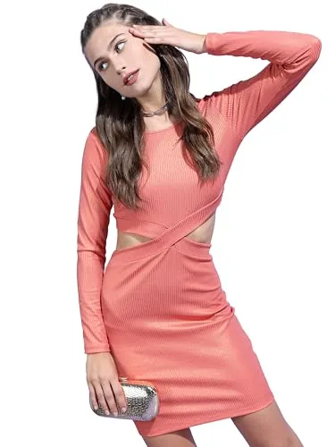 Tokyo TALKIES Women Knee-Length Round Neck Full Sleeve Dress TTJ6006798 Orange S