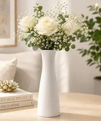 White Ceramic Flower Vase for Home Decor, Modern Decorative Vase for Living Room, Bedroom & Office, Minimalist Table Centerpiece for Roses, Tulips, Ba