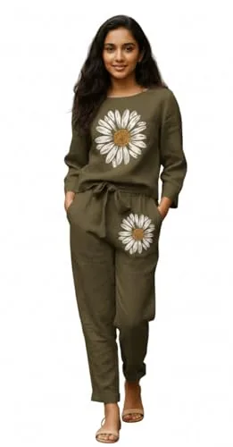 White Button new Girls sunflower Daisy Print Flax Cotton Co-ord Set - Breathable Summer 2-Piece Outfit