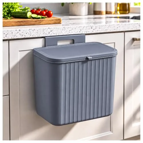 Eightiz Plastic Hanging Kitchen Trash Can with Lid– Cabinet Door Hanging Garbage Bin, Double-Sided Open Flip Lid, Wall Mounted Kitchen Waste Bin, Under Sink Storage Trash Bucket(7L,Grey).