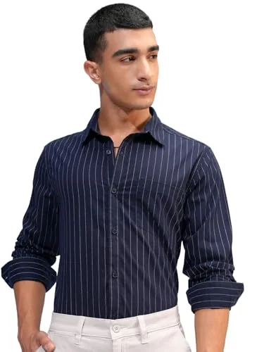 Highlander Men’s Slim Fit Striped Shirt | Full Sleeves | Everyday Wear Stylish Shirt for Men Navy/White