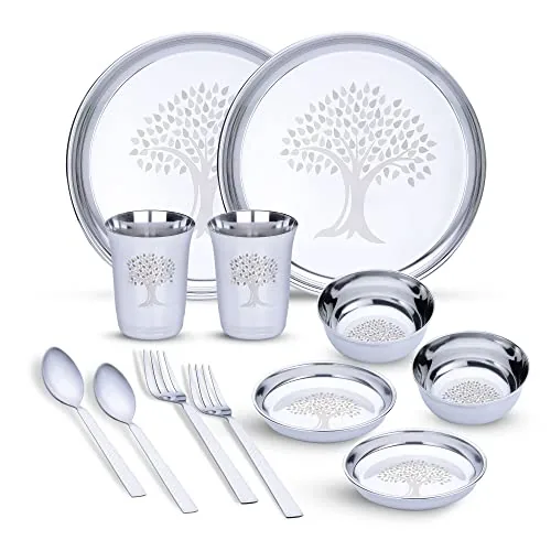 Limetro Steel Stainless Steel Dinner Set for 2 Persons | Complete Indian Thali Set with Plates, Bowls/Katori, Glass, Spoon & Fork | Tree Design Steel Dinnerware for Home (Set of 12- Serves 2)