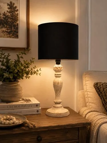 tu casa Mango Wood Table Lamp | Black Cotton Shade | Cobra Saffron Print Wooden Bedside Night Lamp for Bedroom Living Room Study | Home Décor & Gifting