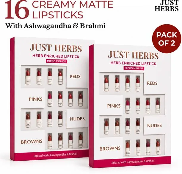 Just Herbs Ayurvedic Lipstick Micro-Mini Kit - 16 Shades Pack Of 2 Multicolor, 9.6 g