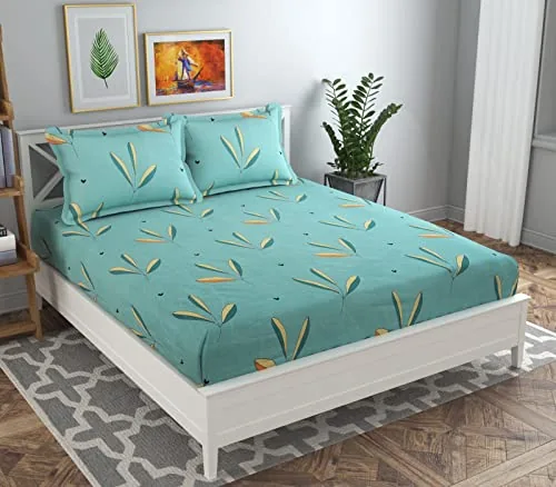 VAS COLLECTIONS Premium 3D Printed 144 TC Microfiber Double Bedsheet with 2 King Size Pillow Covers (90X90 Inches) Light Green & Aqua