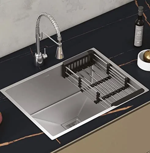 HAPPY HOMES 304 Stainless Steel Kitchen Sink (24X18X10 Inch), Matte Satin Finish with Nanocoated Undercoating, Sound Dampening |Square Coupling and Metal Fruit Basket | 7 Years Warranty|