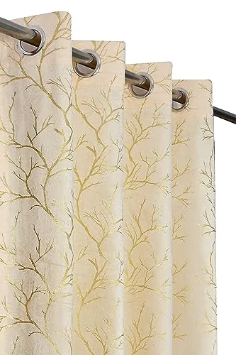 Galaxy Home Decor Premium Foil Leaf Print Velvet Fabric Semi Sheer Grommet Curtains for Window 5 Feet, Pack of 1, Cream