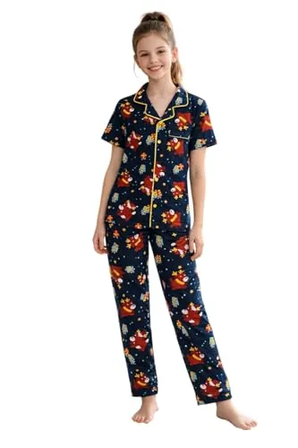 Ninos Dreams Cotton Reindeer Printed Half Sleeves Night Suit-Navy Blue/Age 6-14 Years