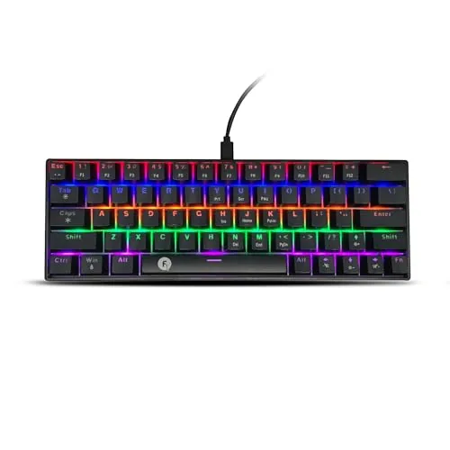 FRONTECH 63-Key Mechanical Gaming Wired Keyboard, Rainbow Backlit, 26 Anti-Ghosting Keys, Detachable Type-C Cable, Compatible with Windows/Mac/iOS/Android (KB-0010P)