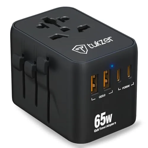 Tukzer 65W Universal Travel Adapter, GaN Fast Charging Adapter with 2 Type C & 1 USB Ports, Universal Plug Socket, All in One International Travel Adapter for Laptop/MacBook & Mobile Charging- Black