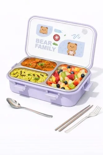 TEC TAVAKKAL Lunch Box 3 Compartment Leak Proof BPA Free Stainless Steel Bear Family Lunch Box for School and Office with a Fork, Spoon, Chopstick 750 ML (LB 8847 Bear Family Purple)