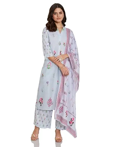Amazon Brand - Myx Women's Guldasta Print Kurta Pant Set with Dupatta (SS25-MYX-GEE-KS_03_Mint_L)