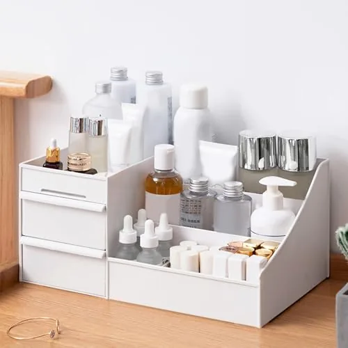 ALOXE Cosmetic Organizer Box Drawers Storage Plastic Stationary Box | Make Up Organiser for Women (White)
