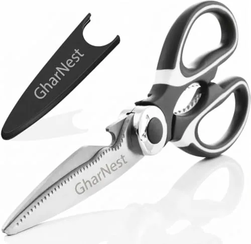 Multi Purpose Heigh Quality Kitchen Scissors | Premium Stainless Steel Food Shears for Meat, Chicken, Fish, Seafood, Vegetables & Herbs | Heavy Duty Kitchen Shears with Bottle Opener | Black