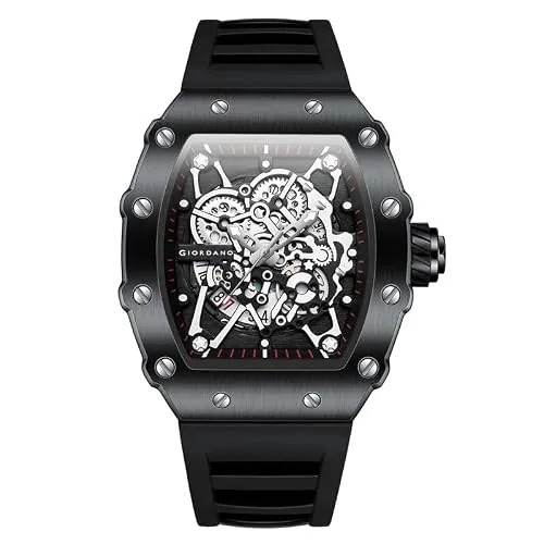Giordano Analog Watch for Men - Skeleton-Style Dial | Brushed Steel Case with Silicone Strap