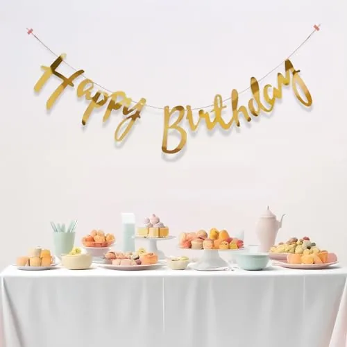 Party Propz Happy Birthday Banner for Decoration - 1 Pc Cursive Metallic Golden Birthday Banner for Decoration for Boy, Girl, Bday Decorations (Cardstock)