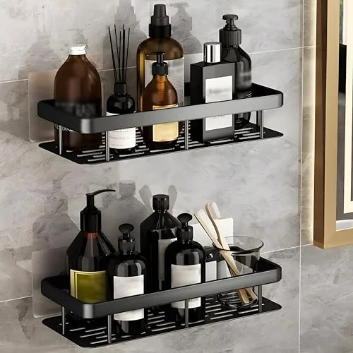 JIALTO 2 Pcs Self Adhesive Wall Shelf | No Drill Wall Mounted Storage Rack | Aluminum Shelf Organizer for Bathroom Accessories, Kitchen & Home (Black)