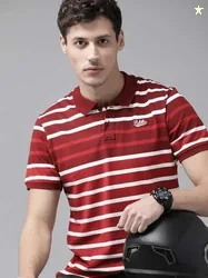 Roadster Men Maroon  White Striped Polo Collar Pure Cotton T-shirt