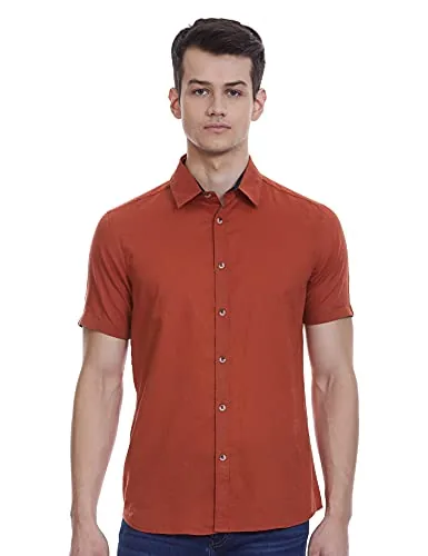 HammerSmith Men's Casual Millennium Fit Shirt (HSCSM046_Orange L)