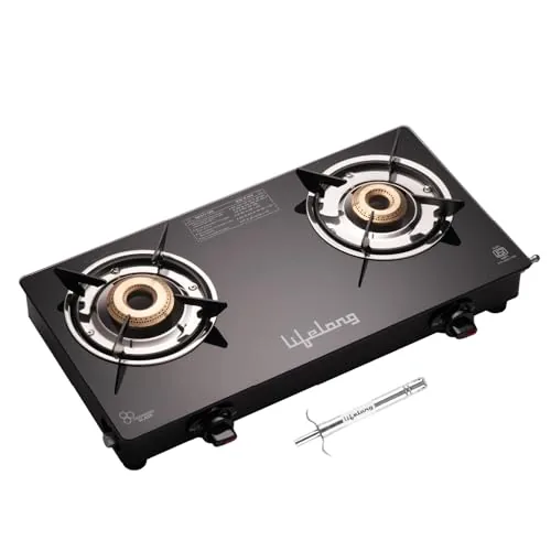 Lifelong 2 Burner Gas Stove with Gas Lighter | Modern Glass Stove with 6mm Toughened Glass | High-Efficient Manual Ignition Cooktop | ISI Certified & LPG Compatible | 360° Flexible Gas Inlet (Black)