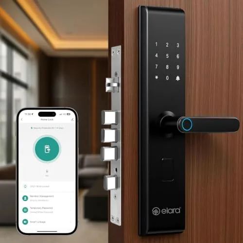 Elara Echo Lite Smart Door Lock, Fingerprint, Card, App, OTP, Keys, PIN Unlock, Alarm Alert, Bluetooth & WiFi, Black, 2 Year Warranty. (Echo LITE)