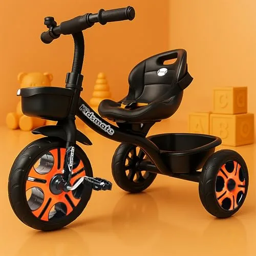 Kidsmate Ninja Plug N Play Durable Kids/Baby Tricycle, Storage Basket, Cushion Seat and Seat Belt for 12 Months to 48 Months Boys/Girls/Carrying Capacity Upto 30 Kgs (Black-Orange)