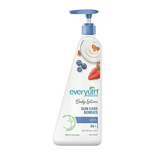 Everyuth Naturals Sun Care Berries Body Lotion | 24Hr Hydration with SPF 15 | Smooth, Radiant & Healthy Skin | With 100% Natural Almond Milk & Aloe Vera| For All Skin Types - 500ml Bottle