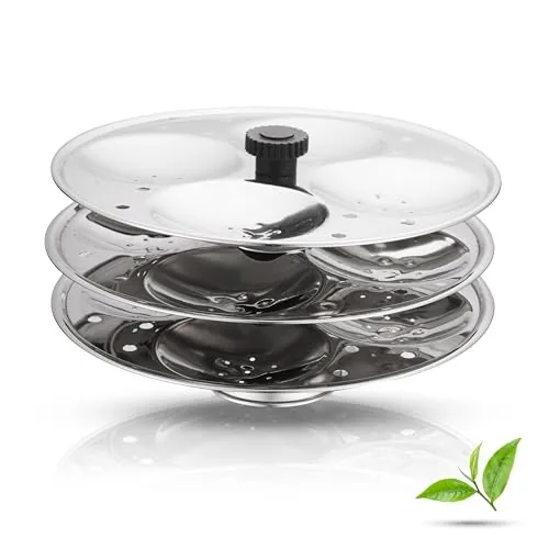 Jensons Premium Stainless Steel 3 Idli Plates - 12 Idlis/Idli Stand for 3 Litre and bigger Pressure Cooker/Fluffy Idli maker plate only/Deep Thate Idli plate - Small