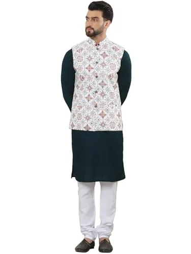 SOJANYA (Since 1958 Men's Pure Cotton Brown Kurta and White Pyjama with Printed Cream Nehru Jacket