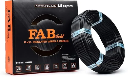 FAB GOLD 1.5 sqmm Single Core Copper Electrical Wire, 90 Meter (Black) | Heat Resistant & Flame Retardant (FR) | Lead-Free LSH House Wire for Home & Industrial Use