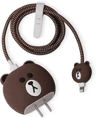 EDNITA Charger Protector for iPhone Chargers 18W & 20W | Cute Cartoon 3D Cover with Cable Protectors | Soft Silicone Data Cord Saver Sleeves-Set of-1 (Brown Bear)