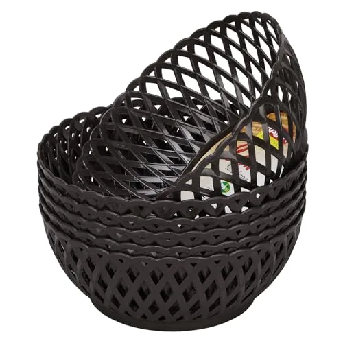RATAN PLASTICWARE Cane Large Plastic Storage Basket for Fruits, Vegetables & Snacks – Decorative Woven Design for Kitchen, Dining Table & Home Use I Pack of 6 - Dark Brown