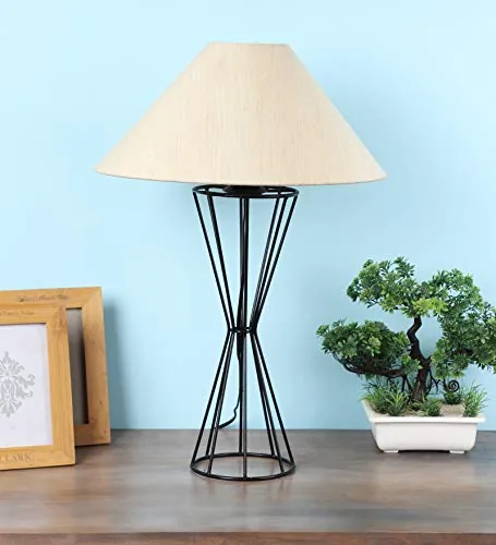 tu casa Table Lamps Black Metal Base with Off-White Cotton (Off-White) Shades for Home Décor, Bedrooms, Living Room, Gifting, Diwali Decoration, Dining Space, Study Room, Restaurants (H-19)